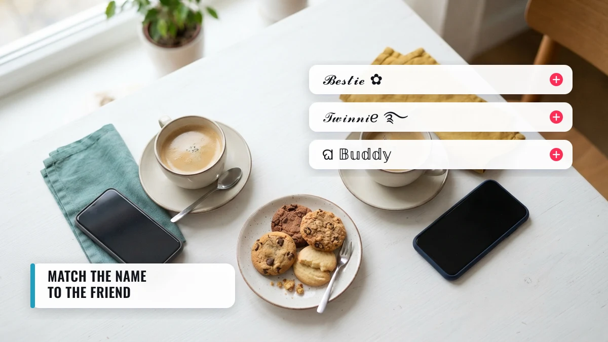 Styled best friend nicknames — Bestie, Twinnie and Buddy shown as copy cards