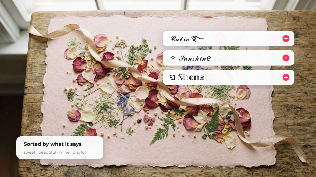 Styled nicknames for a girlfriend — Cutie, Sunshine and Shona shown as copy cards