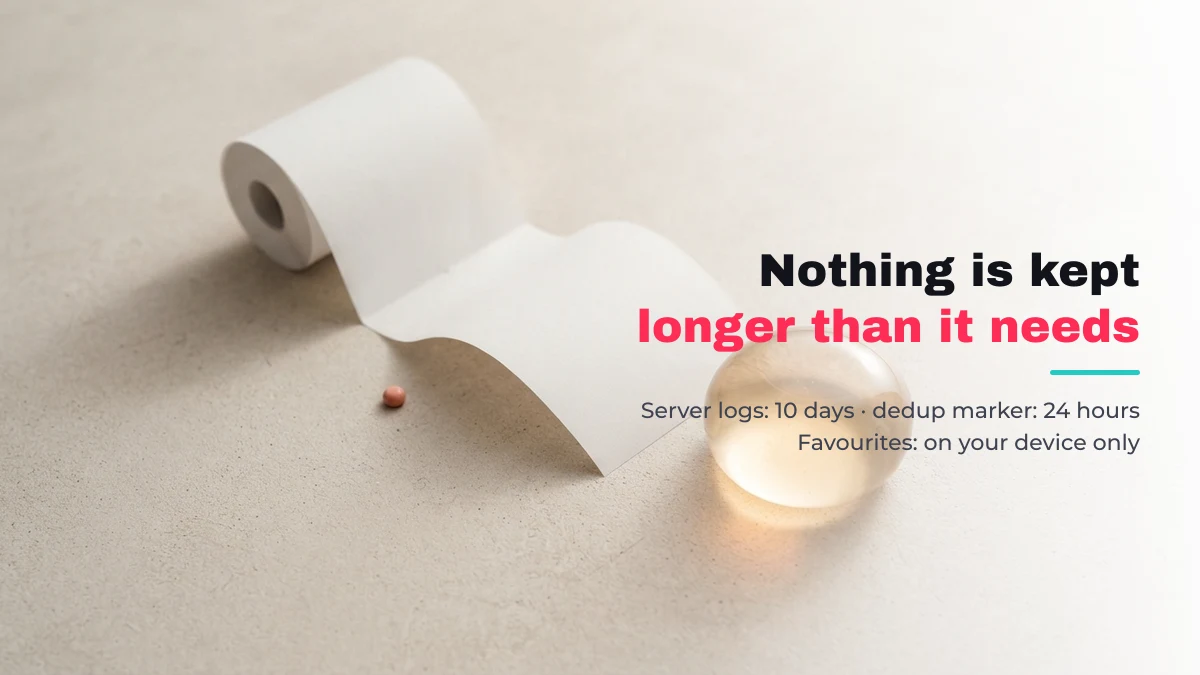 How long SnapNick keeps data — server logs 10 days, dedup marker 24 hours, favourites on your device