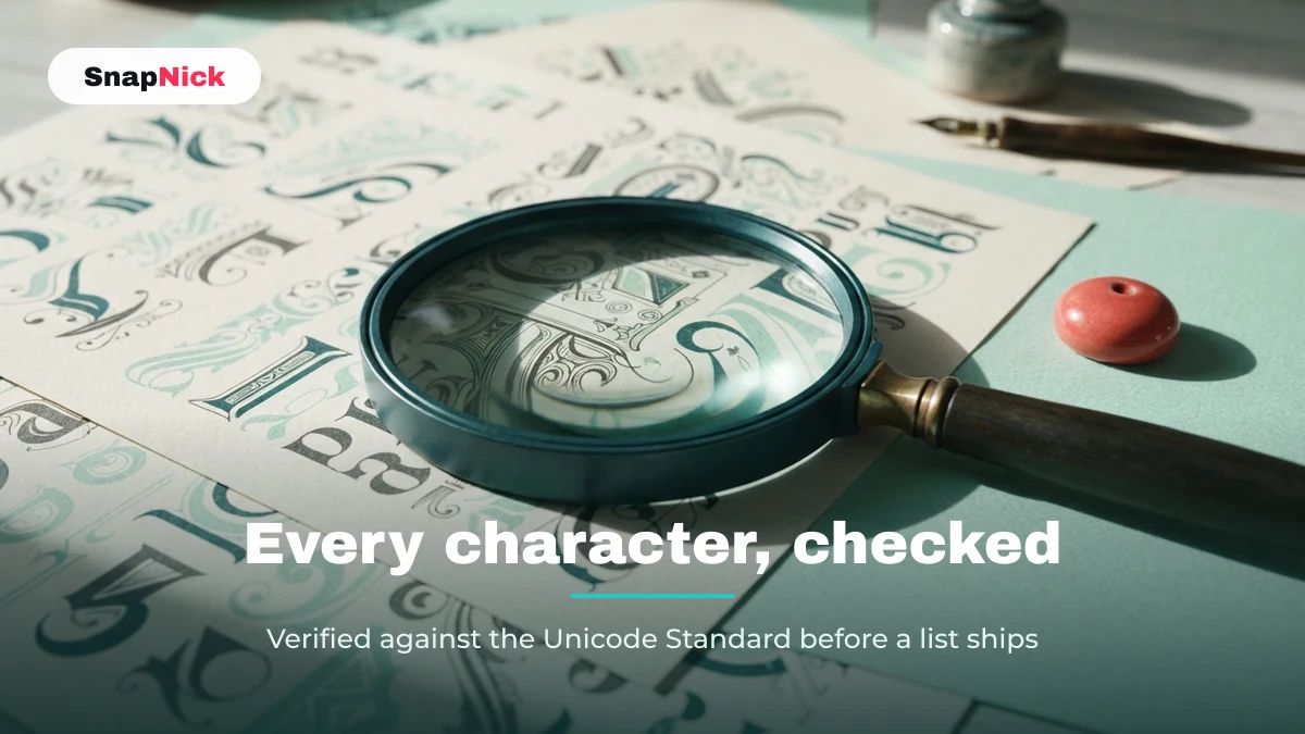 Every character checked against the Unicode Standard before a SnapNick list is published