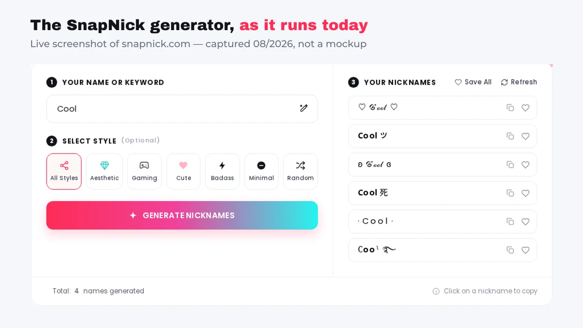 Live screenshot of the SnapNick nickname generator showing style tabs and copyable results