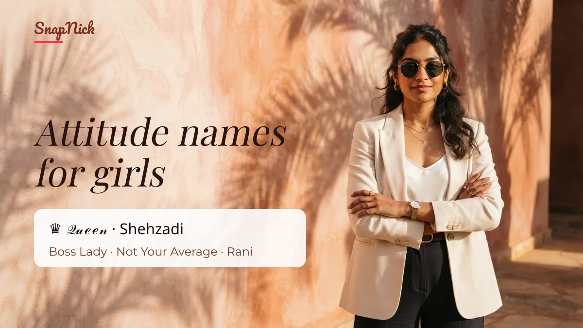 Confident woman in sunglasses beside attitude names for girls such as Queen and Shehzadi