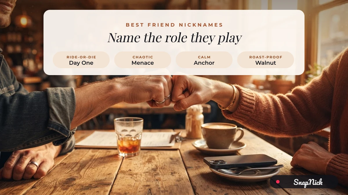 Best friend nicknames matched to friend type: ride-or-die Day One, chaotic Menace, calm Anchor, roast-proof Walnut