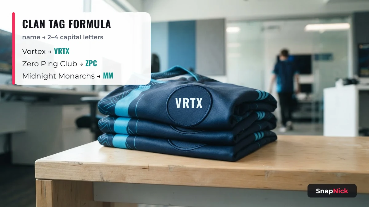 Clan tag ideas: VRTX tag on a team jersey patch next to the 2–4 letter clan tag formula