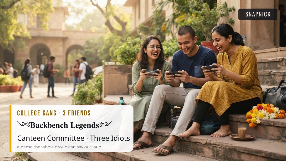 College gang group names example — Backbench Legends styled, Canteen Committee and Three Idiots