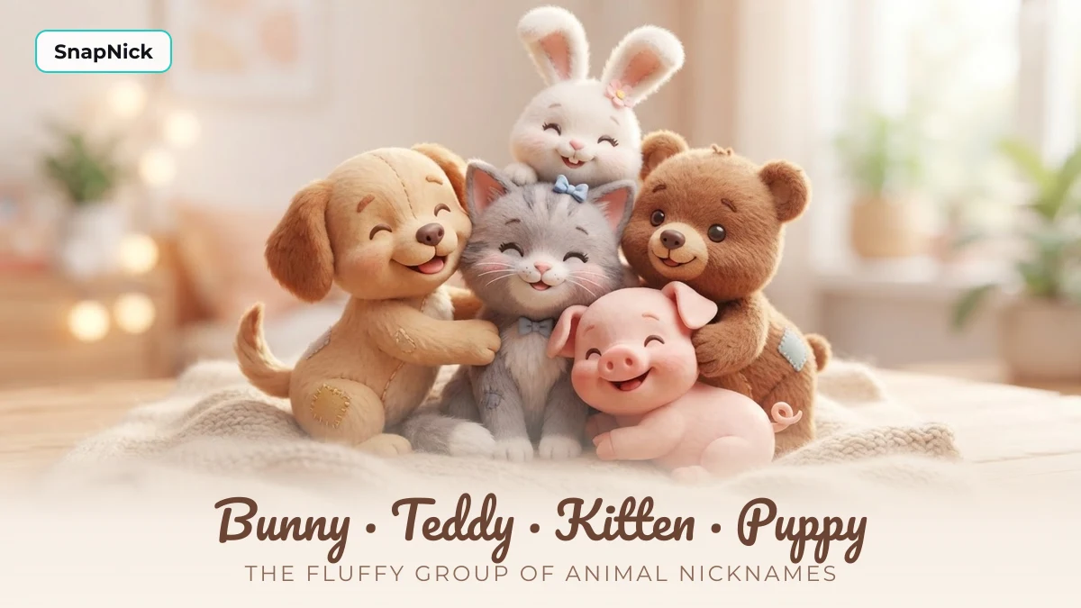 Plush bunny, teddy bear, kitten and puppy — cute fluffy animal nicknames