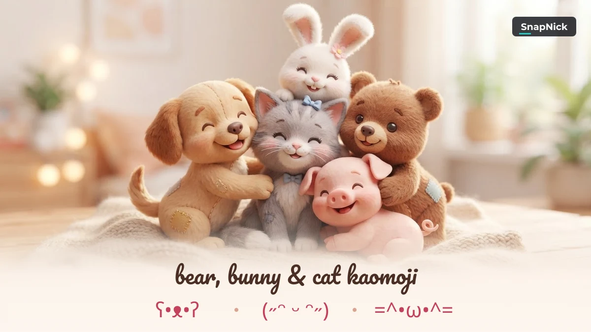 Plush bear, bunny and kitten toys with bear, bunny and cat kaomoji for cute nicknames