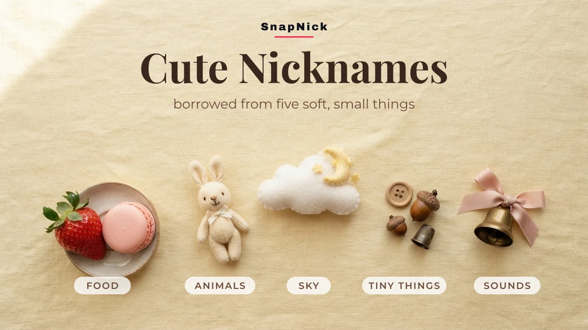 Cute nicknames drawn from five sources: a strawberry, a plush bunny, a felt cloud, an acorn and a bell