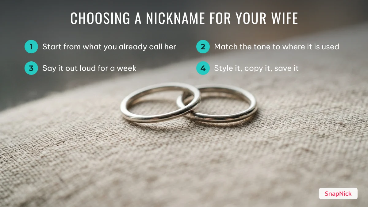 Four steps to choose a nickname for your wife shown over two wedding rings