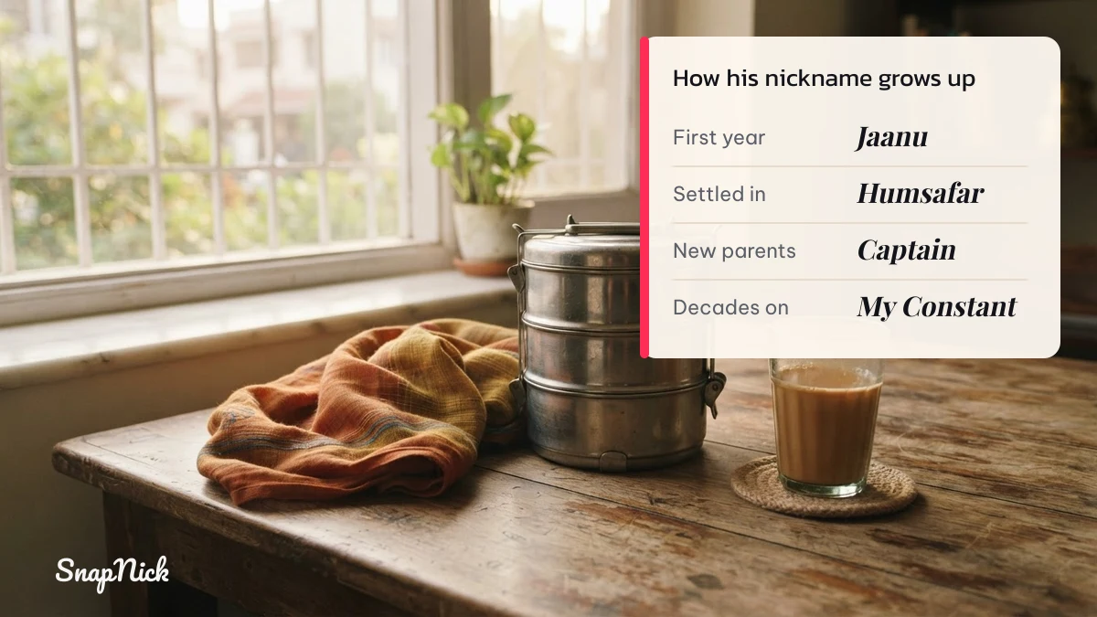 Husband nicknames by marriage stage: Jaanu, Humsafar, Captain, My Constant beside a steel tiffin and chai