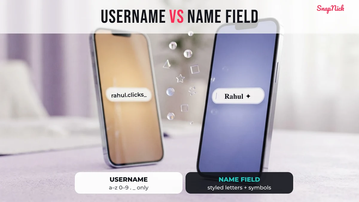 Two phones comparing an Instagram username in plain letters with a styled Instagram Name field