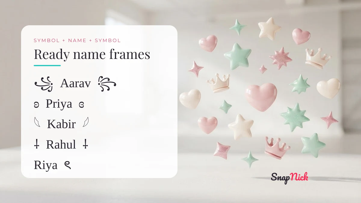 Name frames made from nickname symbols around Aarav, Priya, Kabir, Rahul and Riya