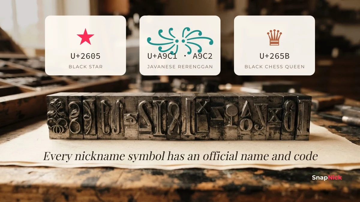 Nickname symbols with their Unicode codes: black star U+2605, Javanese rerenggan U+A9C1 and U+A9C2, black chess queen U+265B