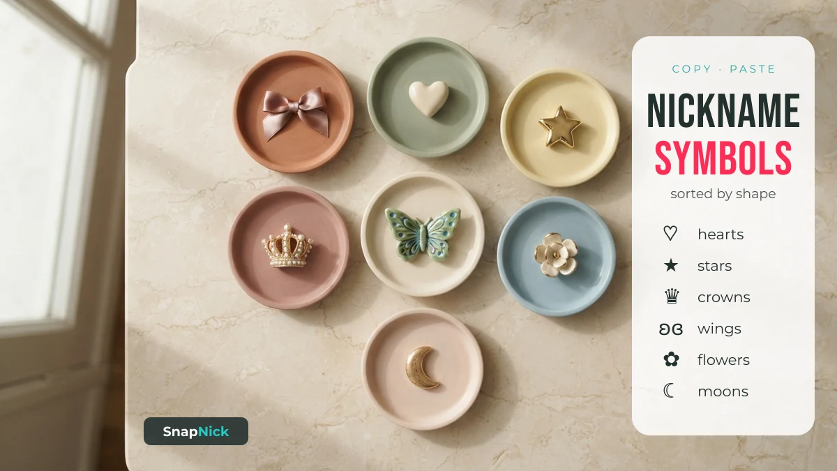 Nickname symbols sorted by shape: hearts, stars, crowns, wings, flowers and moons
