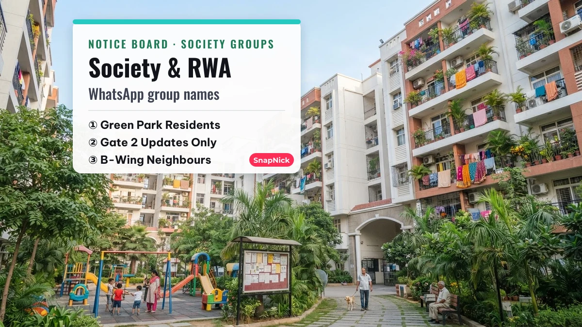 Society and RWA WhatsApp group names shown on a notice card in front of an Indian apartment complex