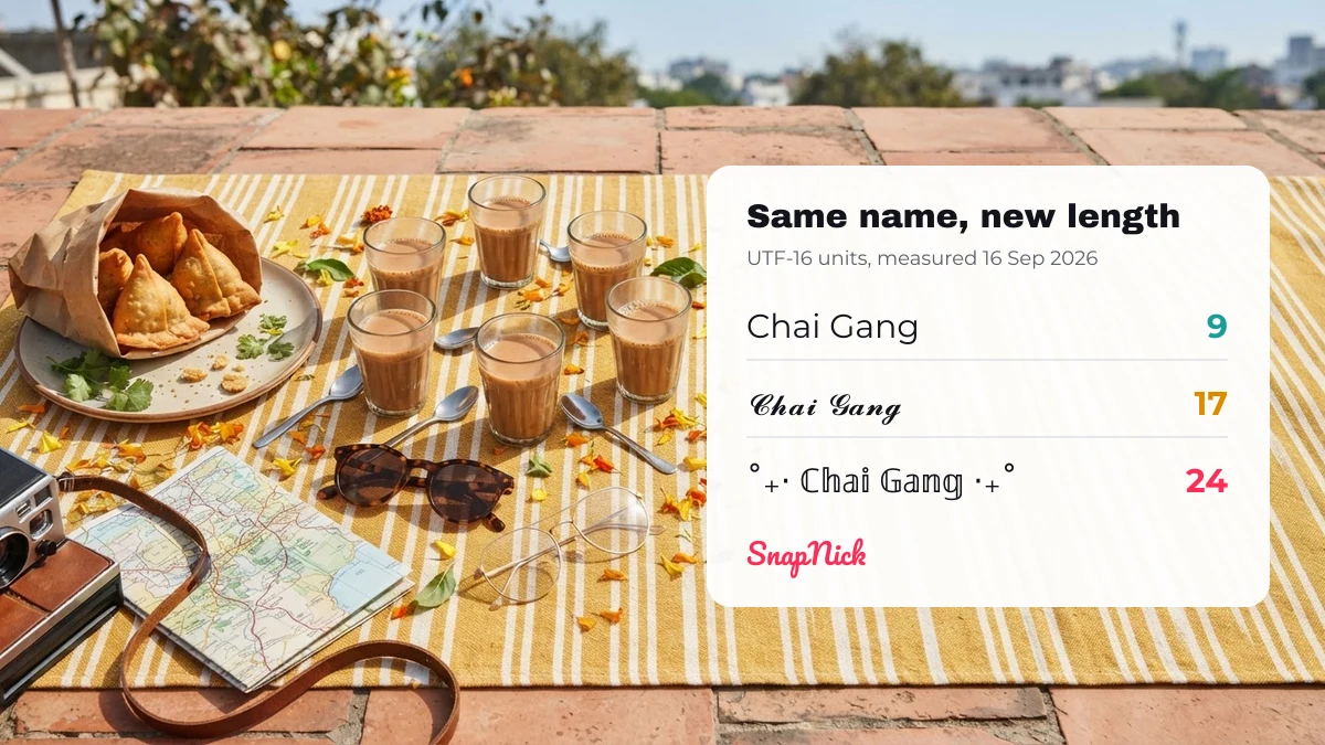 Styled group name length — Chai Gang is 9 UTF-16 units plain, 17 in script letters and 24 with a sparkle frame