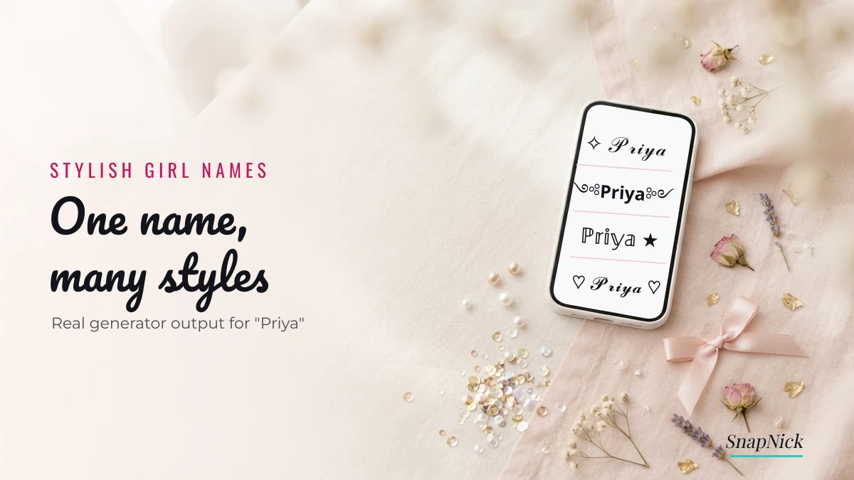 Phone showing stylish girl names for Priya made with the SnapNick generator