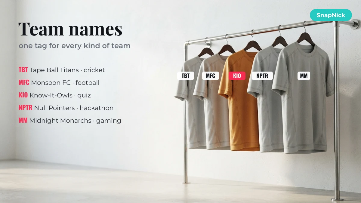 Team names by team type shown as tags on five team jerseys: cricket, football, quiz, hackathon and gaming