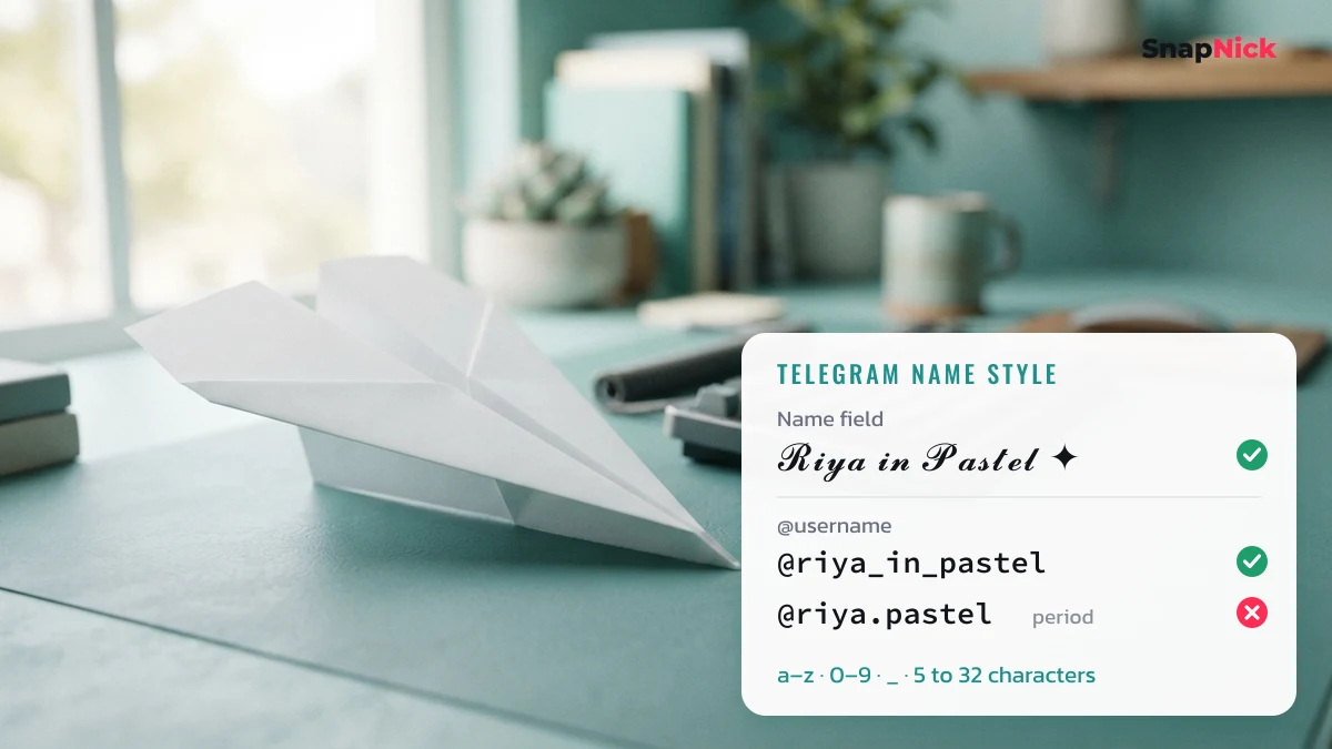 Telegram name style: a styled first name next to a plain Telegram username with the a to z, 0 to 9 and underscore rule, 5 to 32 characters