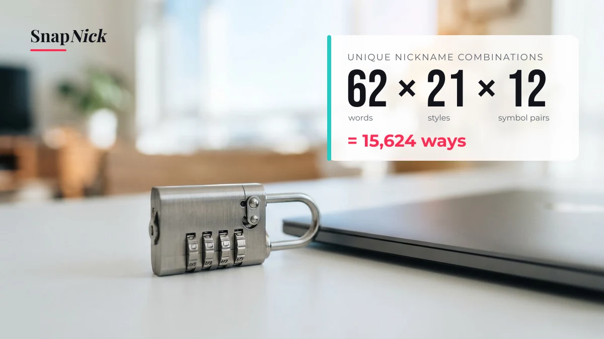 Combination padlock illustrating how many unique nickname combinations 62 words, 21 styles and 12 symbol pairs make
