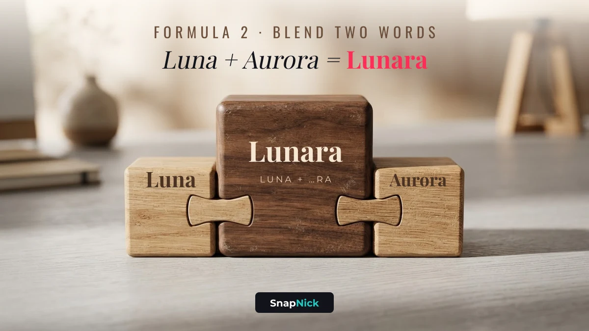 Three wooden puzzle blocks showing the unique nickname formula Luna plus Aurora makes Lunara
