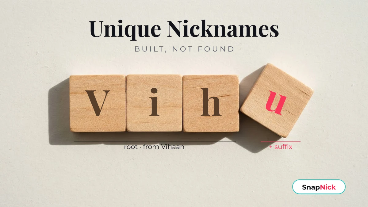 Wooden letter tiles spelling the unique nickname Vihu with the suffix tile tilted