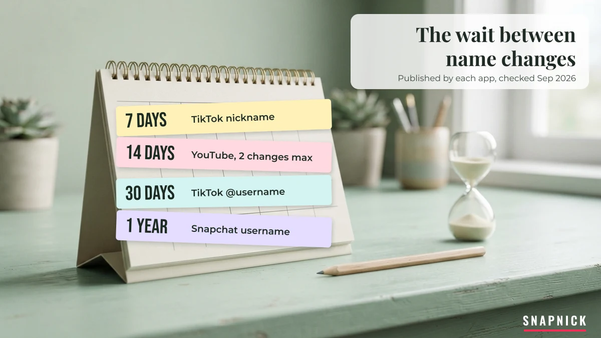 Username change limit cooldowns: TikTok nickname 7 days, YouTube 14 days, TikTok username 30 days, Snapchat username 1 year