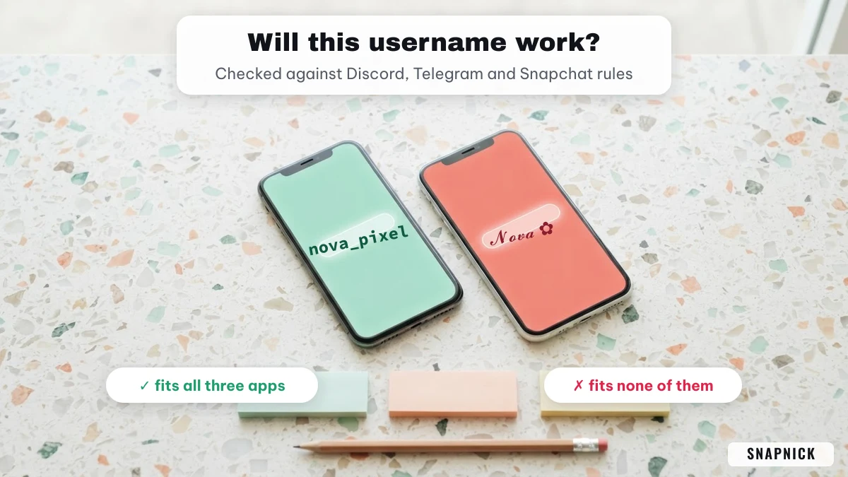 Username check for Discord, Telegram and Snapchat: nova_pixel fits all three, a styled Nova name fits none