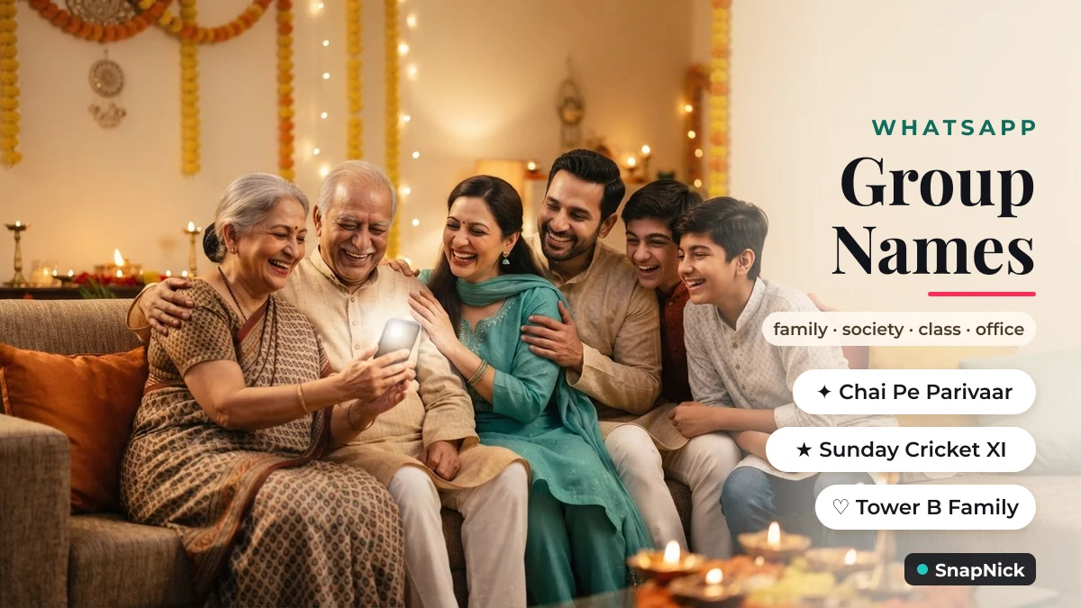 WhatsApp group names for an Indian family — Chai Pe Parivaar, Sunday Cricket XI and Tower B Family