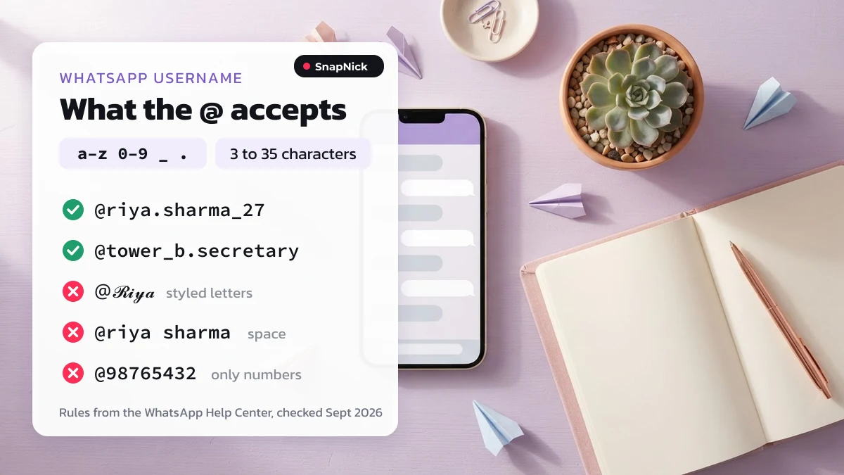 WhatsApp username rules — a to z, 0 to 9, underscore and period, 3 to 35 characters, with valid and invalid examples