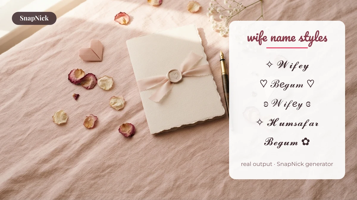 Wife name style examples such as Wifey and Begum in fancy letters
