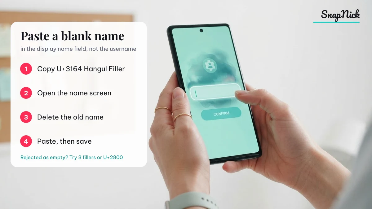 How to make an invisible name: copy U+3164, open the name screen, delete the old name, paste and save